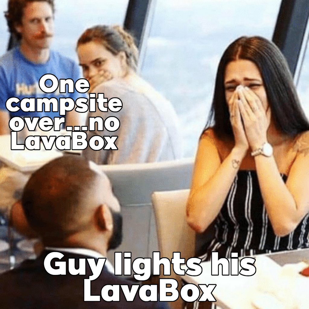 Humorous scene of people reacting to a LavaBox exclusion at a campsite, highlighting the importance of the LavaBox Bugout Bag.
