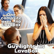 Load image into Gallery viewer, Humorous scene of people reacting to a LavaBox exclusion at a campsite, highlighting the importance of the LavaBox Bugout Bag.