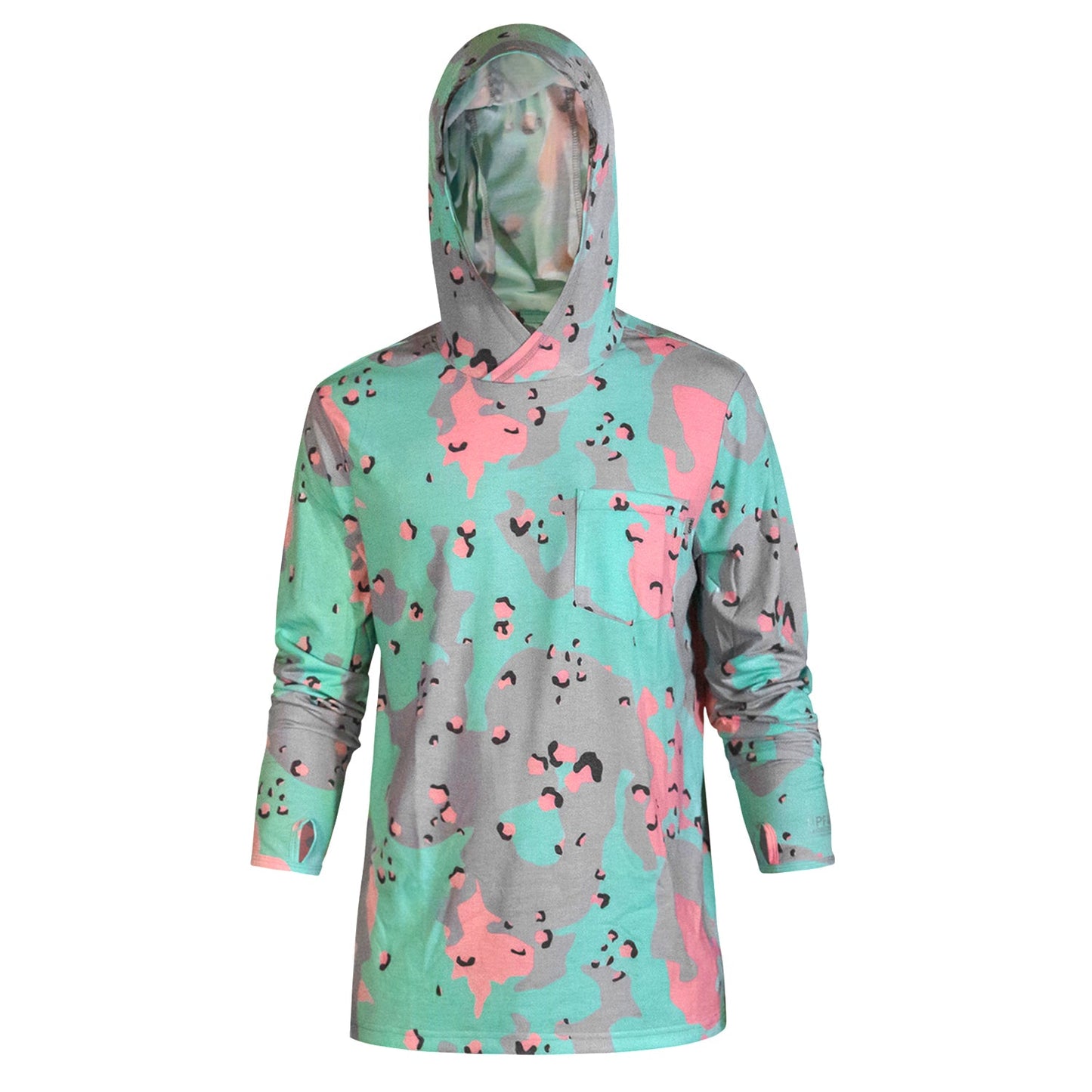 Close-up of a model in the camouflage Men's Outdoors Long Sleeve Performance Hoodie by Combat Iron Apparel.