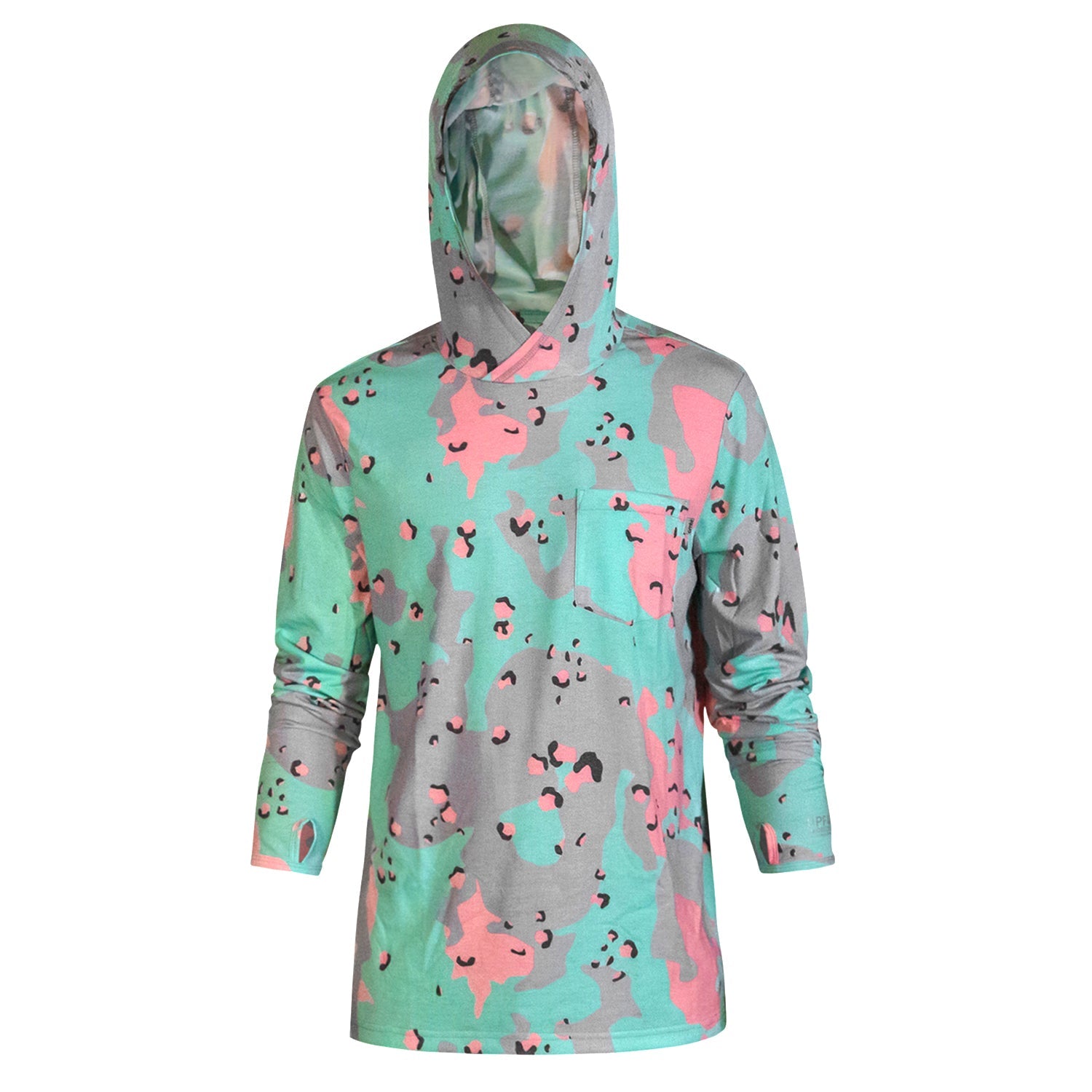 Close-up of a model in the camouflage Men's Outdoors Long Sleeve Performance Hoodie by Combat Iron Apparel.