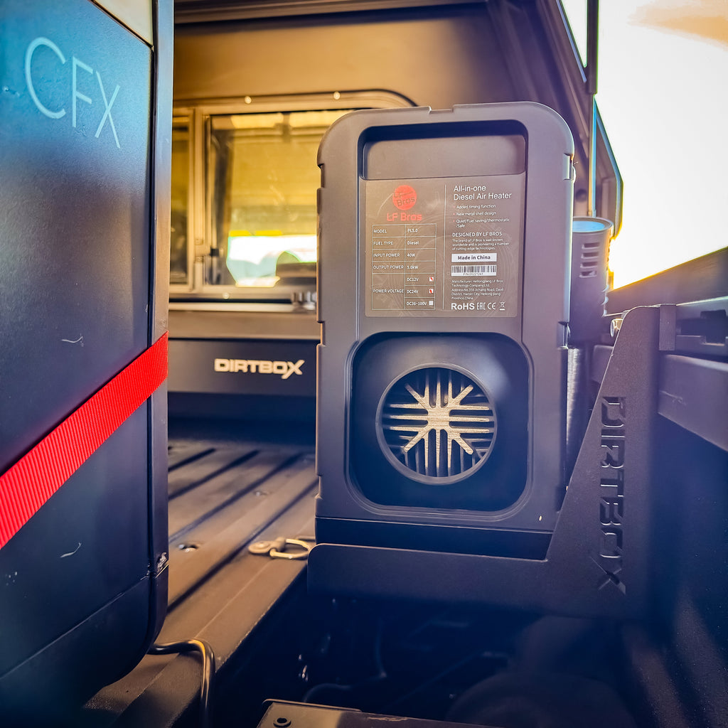 LF Bros Diesel Air Heater installed in truck bed, highlighting its compact design and performance features, provided by Dirtbox Overland.