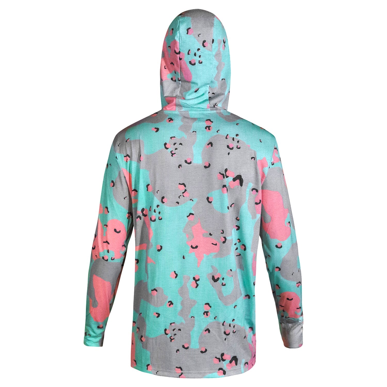 A detailed view of the camouflage style Men's Outdoors Long Sleeve Performance Hoodie by Combat Iron Apparel.