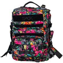 Load image into Gallery viewer, Combat Iron Apparel 25L Sack™ Original All-Day Molle Backpack with Pouch laid flat, showcasing vibrant floral design.