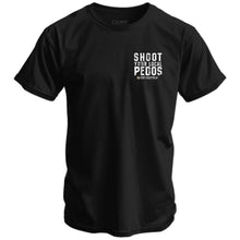 Load image into Gallery viewer, Front view of a black men's t-shirt featuring 'Shoot Your Local Pedos' in white text, created by Combat Iron Apparel.