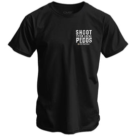 Front view of a black men's t-shirt featuring 'Shoot Your Local Pedos' in white text, created by Combat Iron Apparel.