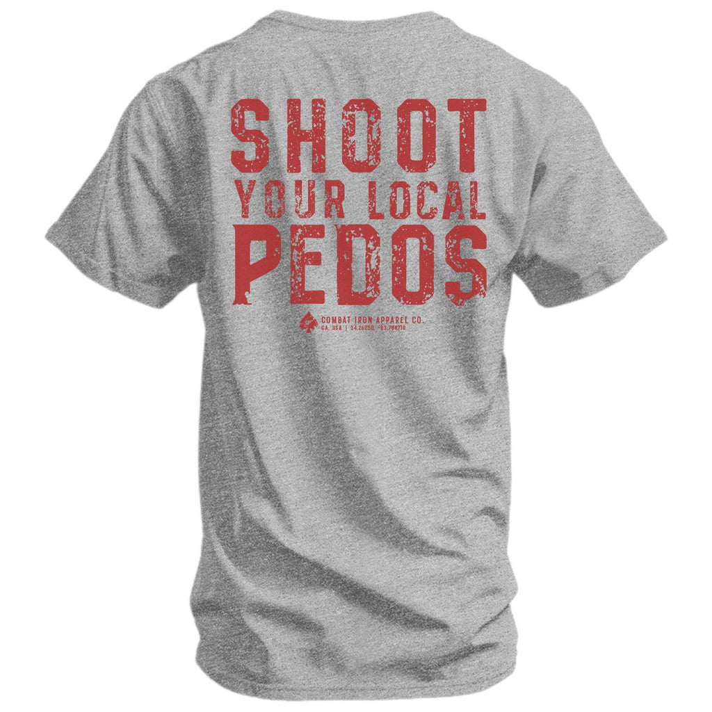 Detailed view of the back of a t-shirt showing the phrase 'Shoot Your Local Pedos', crafted by Combat Iron Apparel.