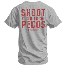 Load image into Gallery viewer, Detailed view of the back of a t-shirt showing the phrase 'Shoot Your Local Pedos', crafted by Combat Iron Apparel.