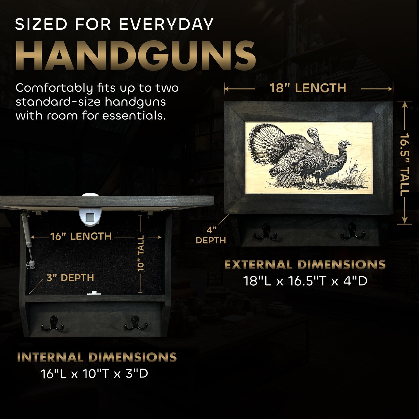 Wild Turkey Pair Gun Concealment Furniture - Handcrafted Hidden Gun Storage Wall Decor - Hidden Safe Furniture with Magnetic Lock for Quick Access & Storage - Made in USA
