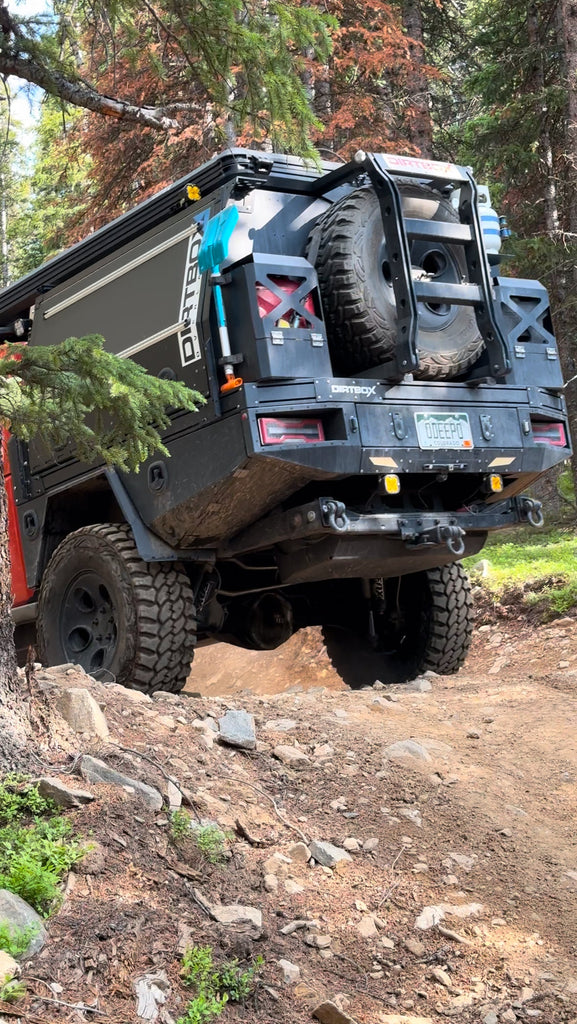 Close-up of the Dirtbox Overland Flatbed System Full Box showing the rugged build and features during an off-road adventure.