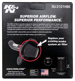 K&N Universal Rubber Filter packaging, showcasing superior airflow and performance specifications, designed for clamp-on applications.