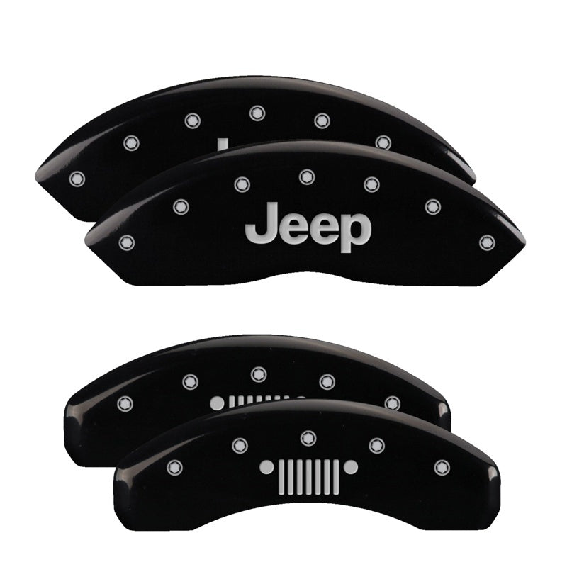 MGP 4 Caliper Covers Engraved Front JEEP Engraved Rear JEEP Grill logo Black finish silver ch