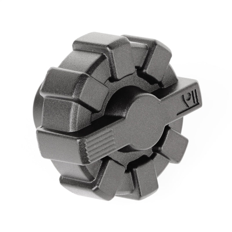 Rugged Ridge 01-19 Jeep Wrangler Black Elite Aluminum Fuel Cap, front view showing detailed design.