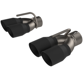 QTP Black Quad Tip Adapter for 2015-2023 Dodge Challenger 5.7L, showcasing a sleek dual-tip design.