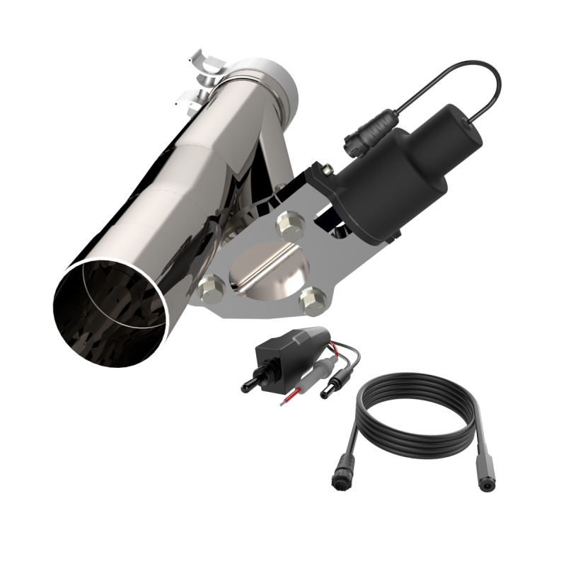 Stainless steel QTP Aggressor Cutout Pipe for 2019-2024 Ford Ranger 2.3L featuring an integrated actuator and wiring harness.