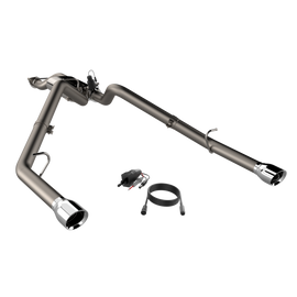QTP 2019-2024 Ram 1500 QTP Screamer Split Rear Exit Cat Back exhaust system featuring 3-inch tips and all necessary components for installation.
