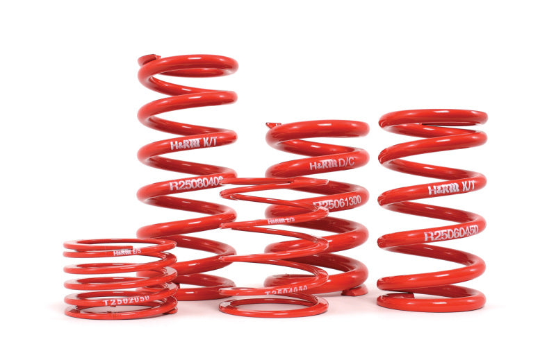 H&R 2.5 inch ID Single Race Spring Length 14 inch Rate 155 lbs/inch, featuring a variety of red race springs designed for high-performance motorsports.