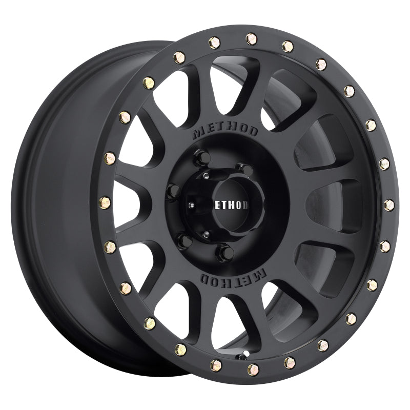 Method Wheels MR305 NV Matte Black Wheel featuring a sleek 12 window design with replaceable lip bolts, perfect for enhancing the style of your vehicle.