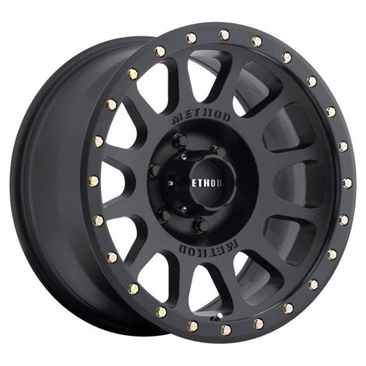 Method Wheels MR305 NV Matte Black Wheel featuring a sleek 12 window design with replaceable lip bolts, perfect for enhancing the style of your vehicle.