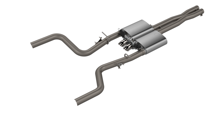QTP Screamer Cat Back exhaust system for 2015-2023 Dodge Challenger 6.2/6.4L, showcasing dual exhaust pipes and mufflers.