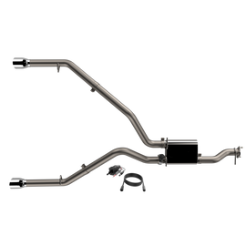 QTP 2019-2024 Ram 1500 QTP Screamer Split Rear Exit Cat Back exhaust setup with dual tips and a performance muffler included.