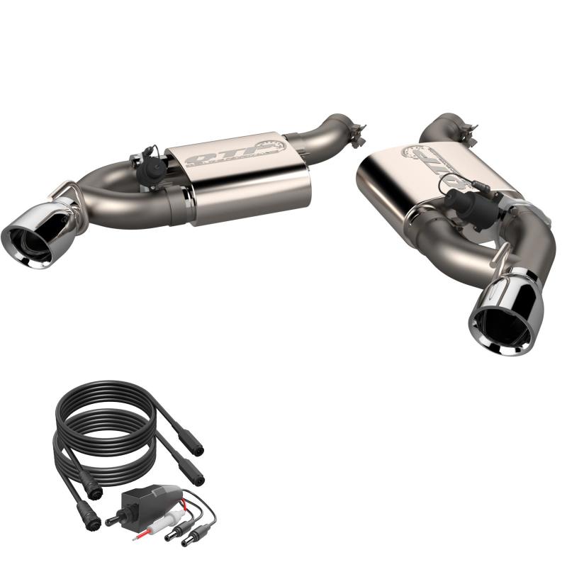 QTP Screamer Axle Back Exhaust for 2016-2024 Chevrolet Camaro SS featuring dual tips, showcasing the stainless steel design.