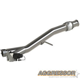 Stainless steel QTP Aggressor Cutout Pipe for 2014-2018 Chevrolet Silverado and GMC Sierra 1500, showcasing a sleek design and electric actuator.