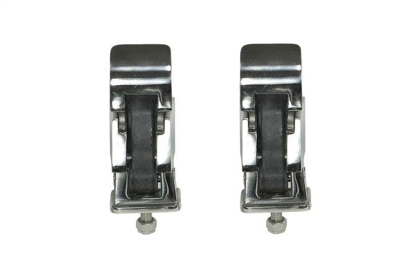 Rugged Ridge 97-06 Jeep Wrangler TJ Stainless Steel Hood Catch Set - Front view of two stainless steel hood catches designed for Jeep Wrangler.