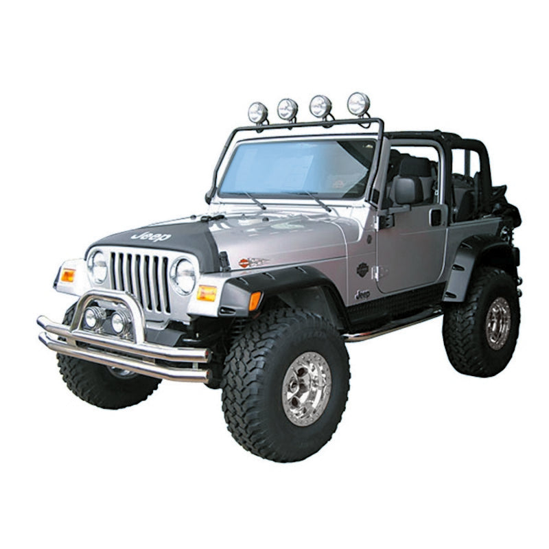 Rugged Ridge 97-06 Jeep Wrangler TJ Black Full Frame Light Bar installed on a silver Jeep. Features roof-mounted lights for off-road visibility.