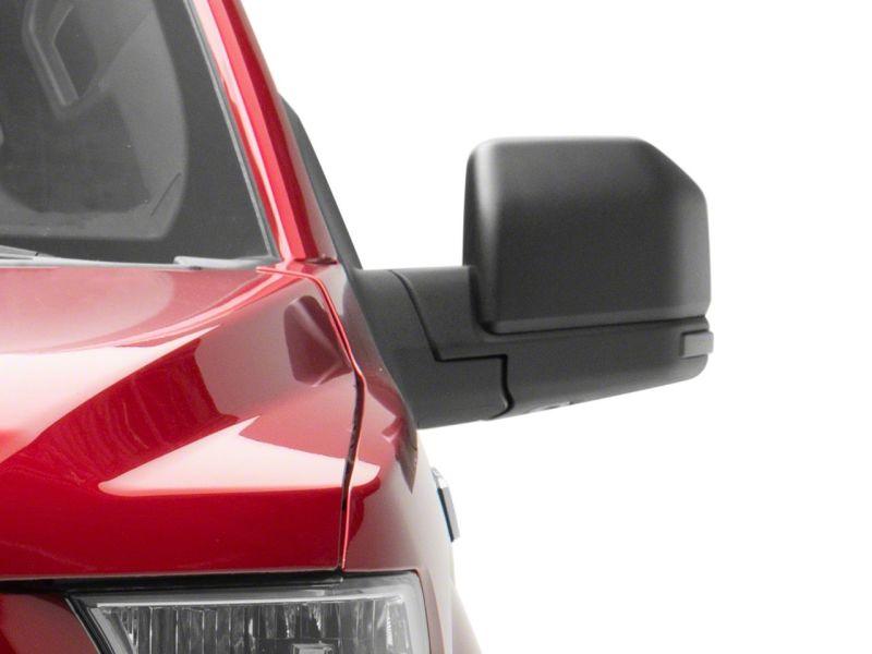 Another angle of Raxiom Axial Series LED Mirror Mounted Turn Signals installed on a red Ford F-150, emphasizing the integration with the vehicle's design.