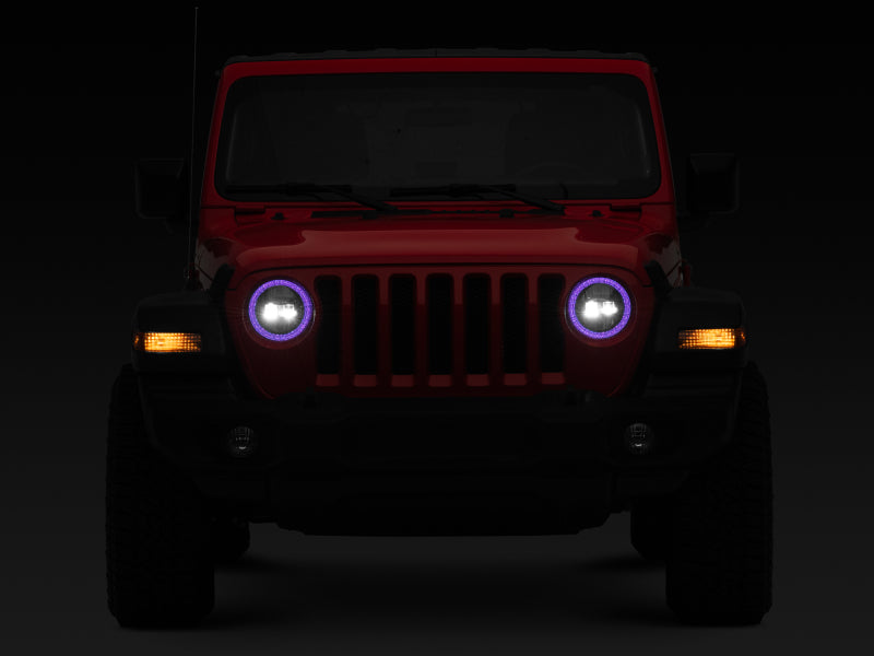 Raxiom 18-22 Jeep Wrangler JL/JT Axial 9-Inch LED Headlights w/RGB Halo- Black Housing (Clear Lens)