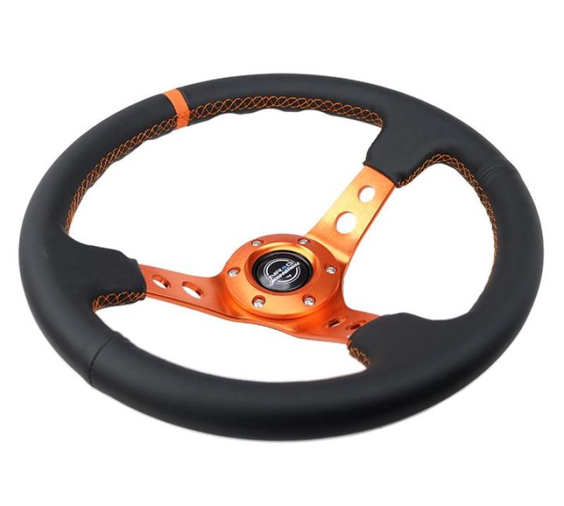 NRG Reinforce Steering Wheel (350mm / 3in. Deep) Blk Leather, Orange Center Mark w/ Orange Stitching