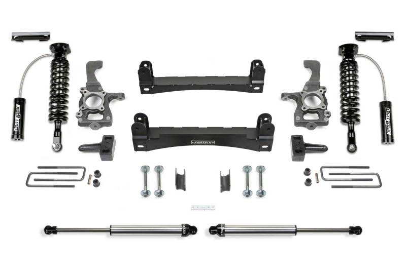 Fabtech 15-20 Ford F150 2WD 4in Performance System parts including coilover shocks, control arms, and more for enhanced off-road capabilities.