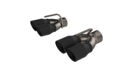 QTP Black Quad Tip Adapter for 2015-2023 Dodge Challenger 6.2/6.4L, featuring a sleek design with dual exhaust tips to enhance performance and aesthetics.