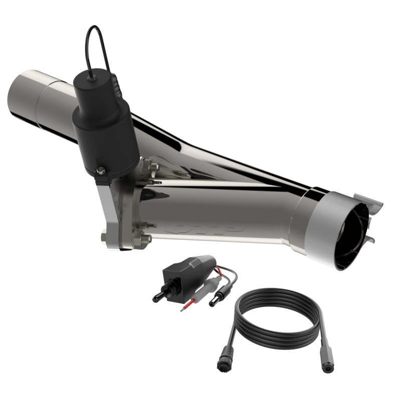 QTP Aggressor Cutout Pipe designed for 2019-2024 Ford Ranger 2.3L showcasing a polished finish and complete installation kit with actuator.