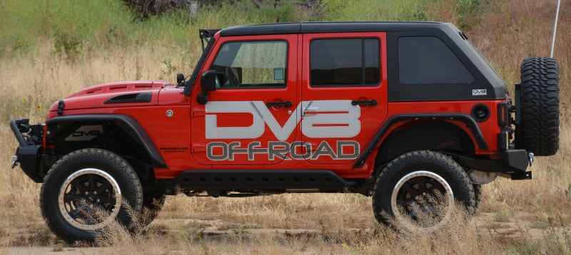 Distinct view of the DV8 Offroad Metal Heat Dispersion Hood on a Jeep Wrangler JK.