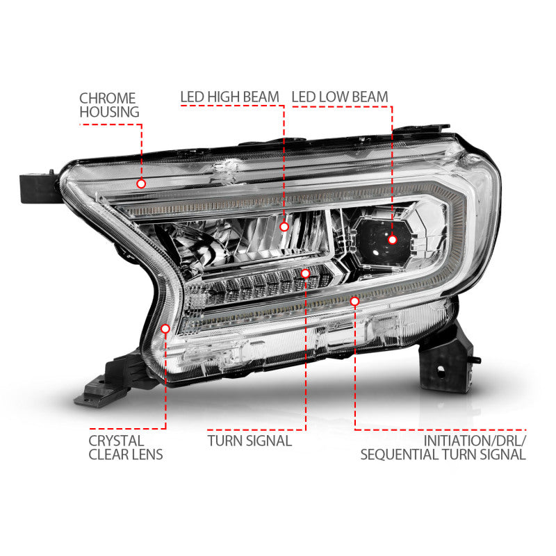 ANZO 19-23 Ford Ranger Full LED Projector Headlights w/ Initiation & Sequential - Chrome