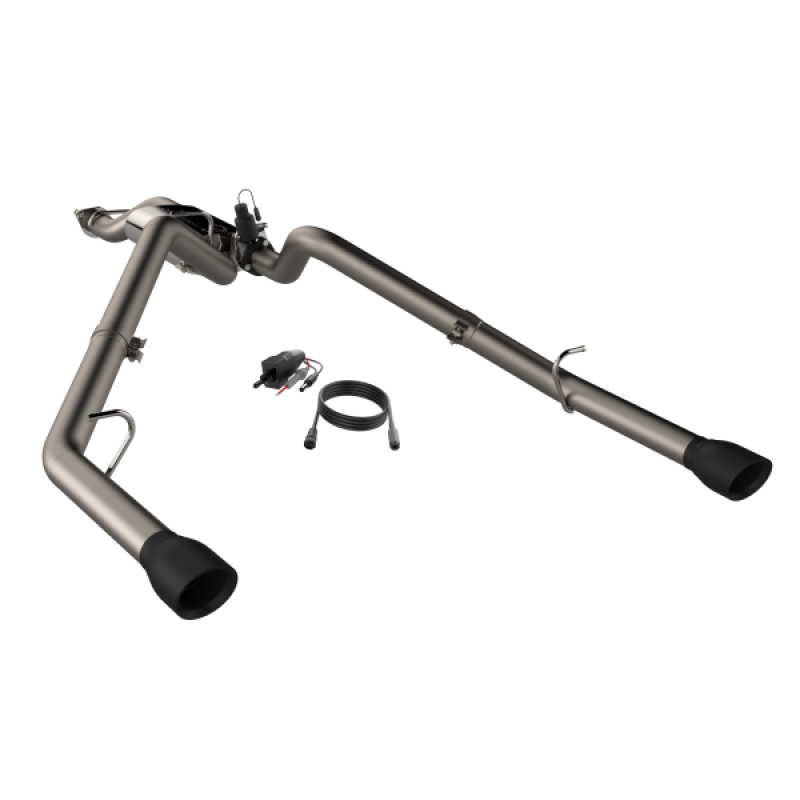 QTP 2019-2024 Ram 1500 Screamer Split Rear Exit Cat Back Exhaust featuring dual 4.5 inch black tips and accompanying installation parts.