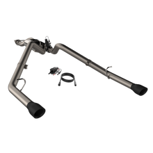 Load image into Gallery viewer, QTP 2019-2024 Ram 1500 Screamer Split Rear Exit Cat Back Exhaust featuring dual 4.5 inch black tips and accompanying installation parts.