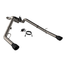 QTP 2019-2024 Ram 1500 Screamer Split Rear Exit Cat Back Exhaust featuring dual 4.5 inch black tips and accompanying installation parts.