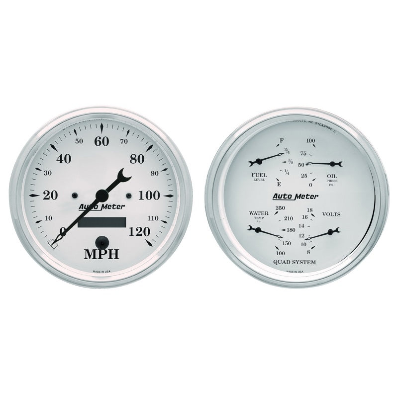 AutoMeter Gauge Kit 2 Pc. Quad & Speedometer 5in. Old Tyme White