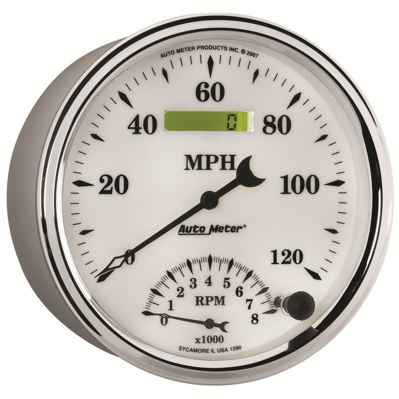 AutoMeter Gauge Tach/Speedo 5in. 120MPH & 8K RPM Elec. Program Old Tyme White II