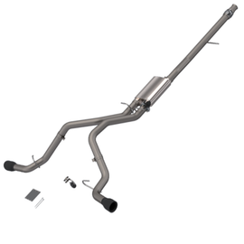 2014-2018 Silverado/Sierra QTP Screamer Split Rear Exit Cat Back with Black Tips, featuring a polished stainless steel design for enhanced performance.