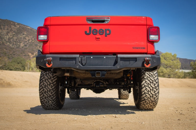 Rear view of a red 2021 Jeep Gladiator JT showcasing the Body Armor 4x4 Rear Bumper, designed for durability and style.