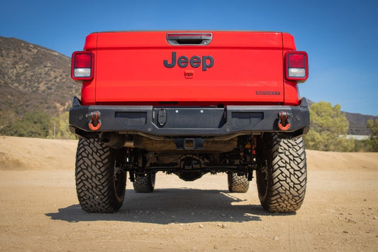 Rear view of a red 2021 Jeep Gladiator JT showcasing the Body Armor 4x4 Rear Bumper, designed for durability and style.