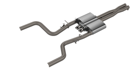 QTP Dodge Challenger 5.7L QTP Screamer Cat Back exhaust system with a sleek design and chrome finish.