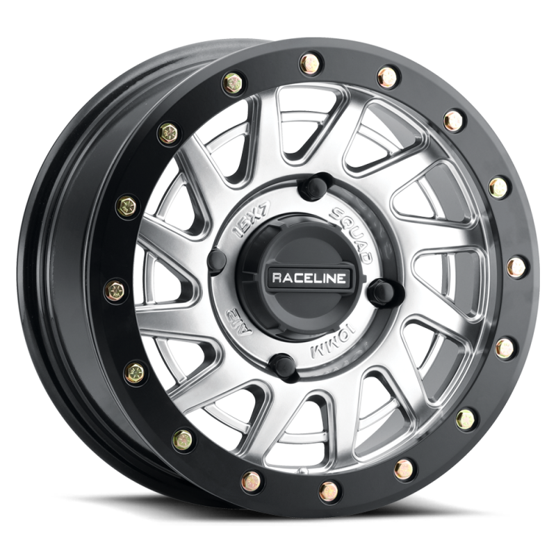 Raceline A12SB Squad 15x7in/4x137 BP/10mm Offset/110.18mm Bore - Silver & Black Ring Beadlock Wheel