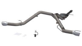QTP Screamer Split Rear Exit Cat Back exhaust system for 2014-2018 Silverado/Sierra, showcasing stainless steel construction and specialized 4.5-inch tips.