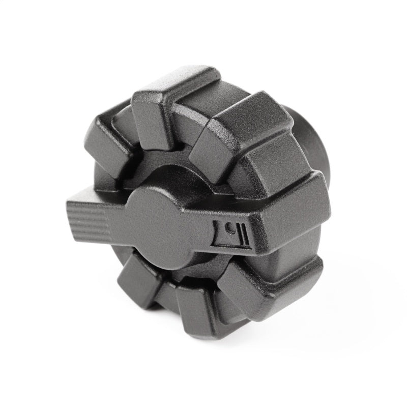 Rugged Ridge 01-19 Jeep Wrangler Black Elite Aluminum Fuel Cap, side view demonstrating the cap's structure.