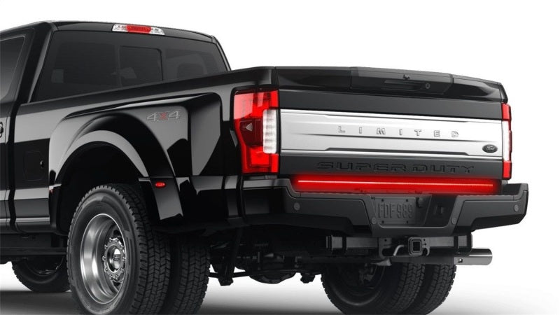 Putco 48-inch Light Blade Direct Fit Kit for Ford Ranger on a Ford Super Duty in black, featuring a vibrant red light bar.