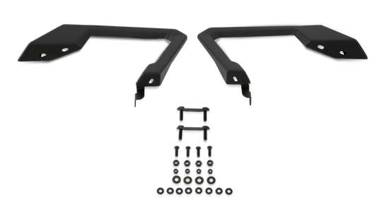 Durable bed protector components for 19-21 Jeep Gladiator JT by Body Armor 4x4, featuring two angular pieces and assorted hardware for installation.